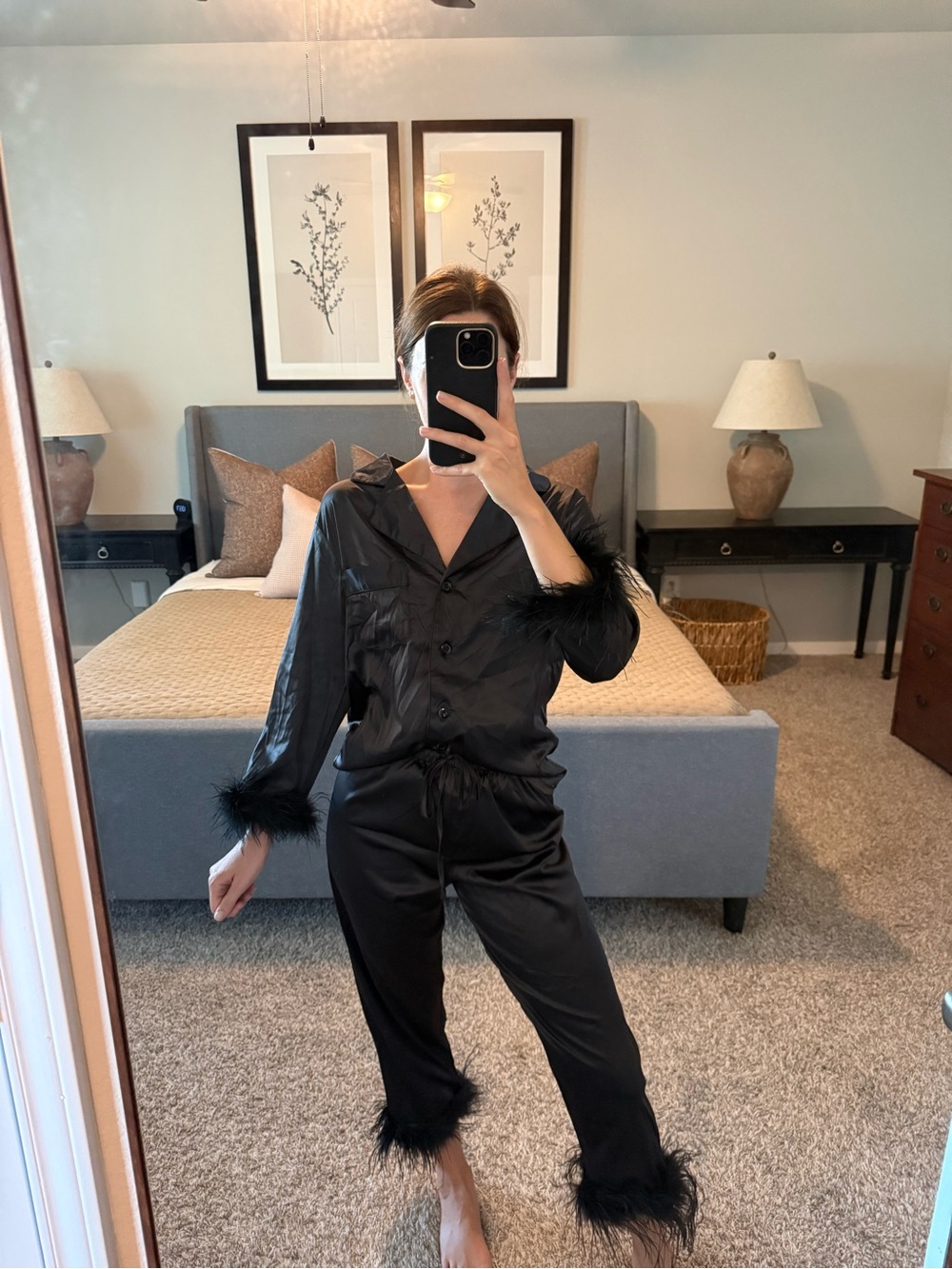 Black Feather-Trim Satin Pajamas